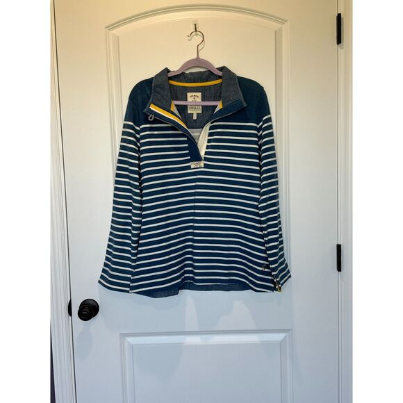 Joules Saunton Salt Blue and Cream Striped 1/4 button Sweatshirt Size 14 - Picture 1 of 9